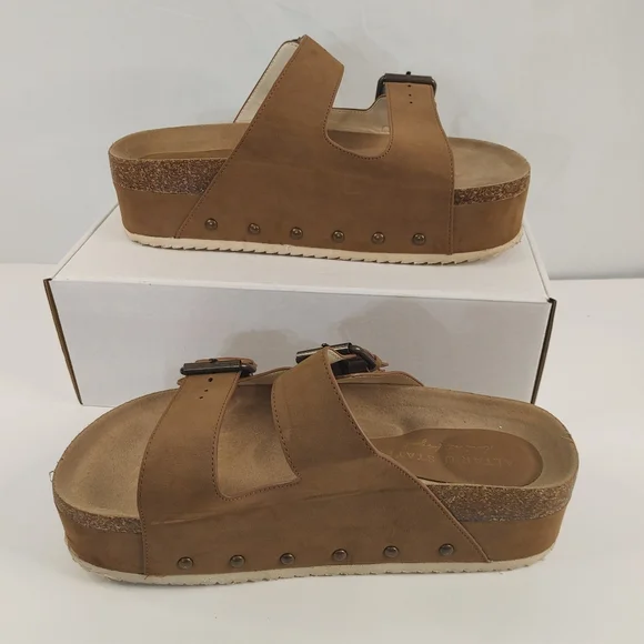Altar’d State Serenna Platform Slide Sandals Size 9 Brown Double Buckle Boho - Picture 3 of 14